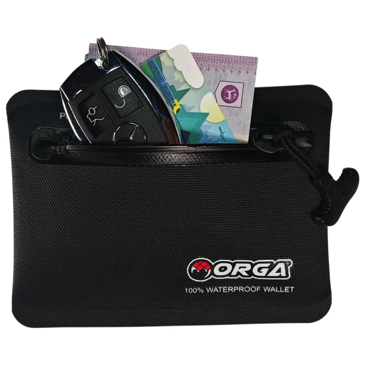 Waterproof Wallet 5 Orga Waterproof Wallet holding a car key fob, bank cards, and cash