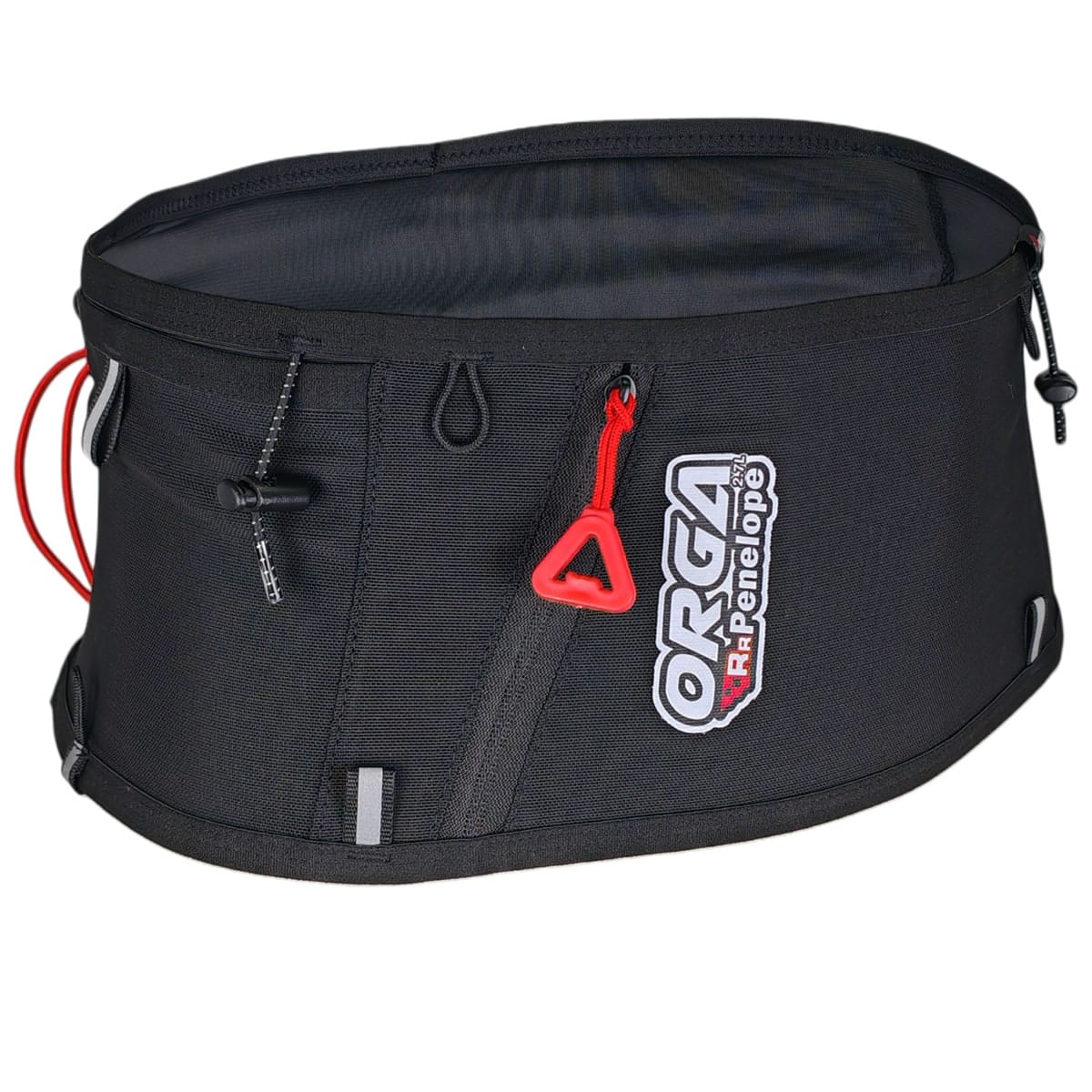 RR Penelope 2.7L 2 Angled front view of the Orga RR Penelope running belt highlighting its zipper pocket, mesh construction and pole carrying attachments.